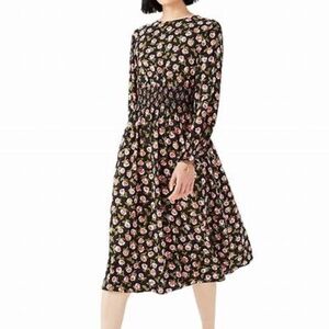 Kate Spade Waverly Ditsy Roses Smocked Midi dress In Black, pink, green, white